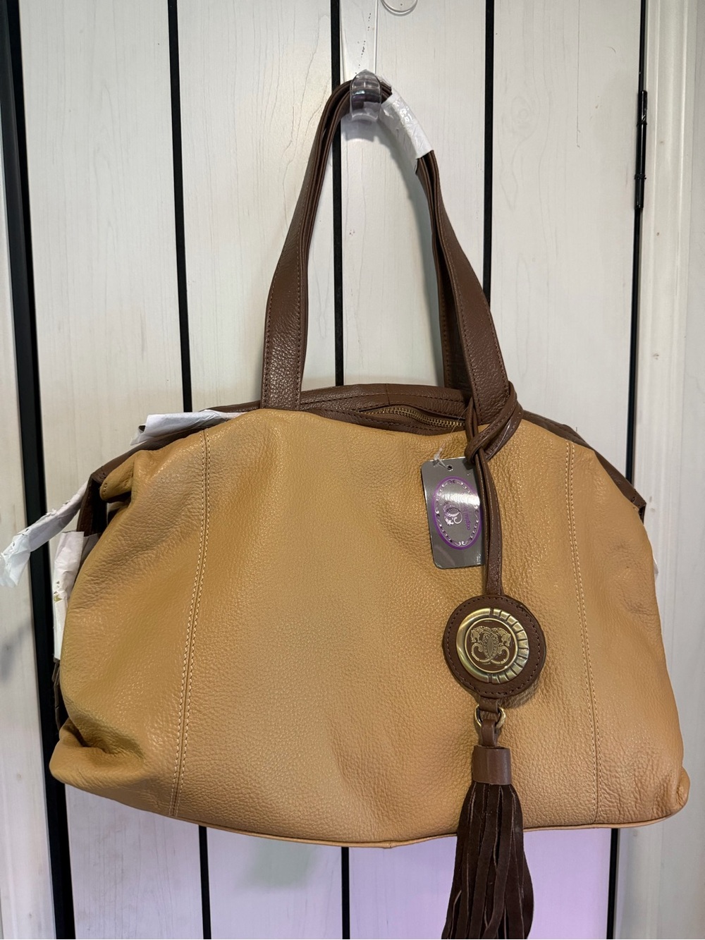 Sharif Tan and Brown Leather Tote with Tassel Accent